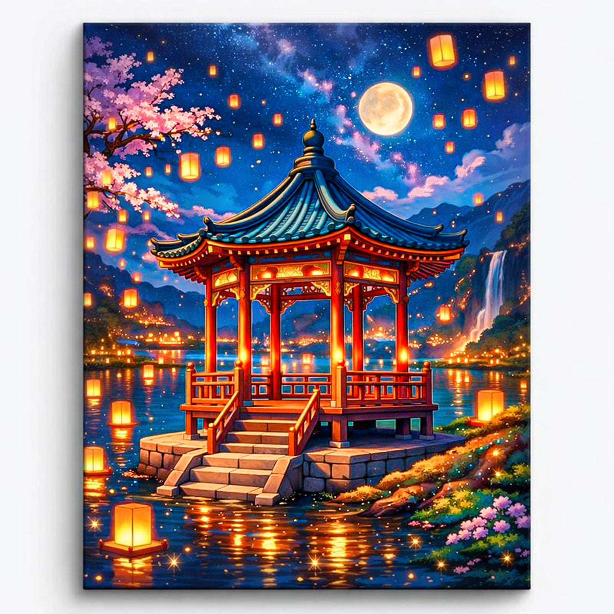 anime style moonlit lakeside pavilion with floating lanterns glowing reflections night fantasy landscape paint by numbers design