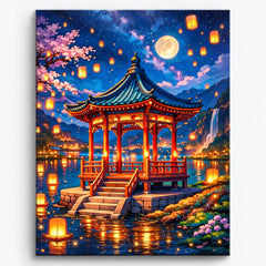 anime style moonlit lakeside pavilion with floating lanterns glowing reflections night fantasy landscape paint by numbers design