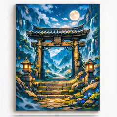 anime style mountain shrine gate with lanterns waterfalls and full moon fantasy landscape paint by numbers design