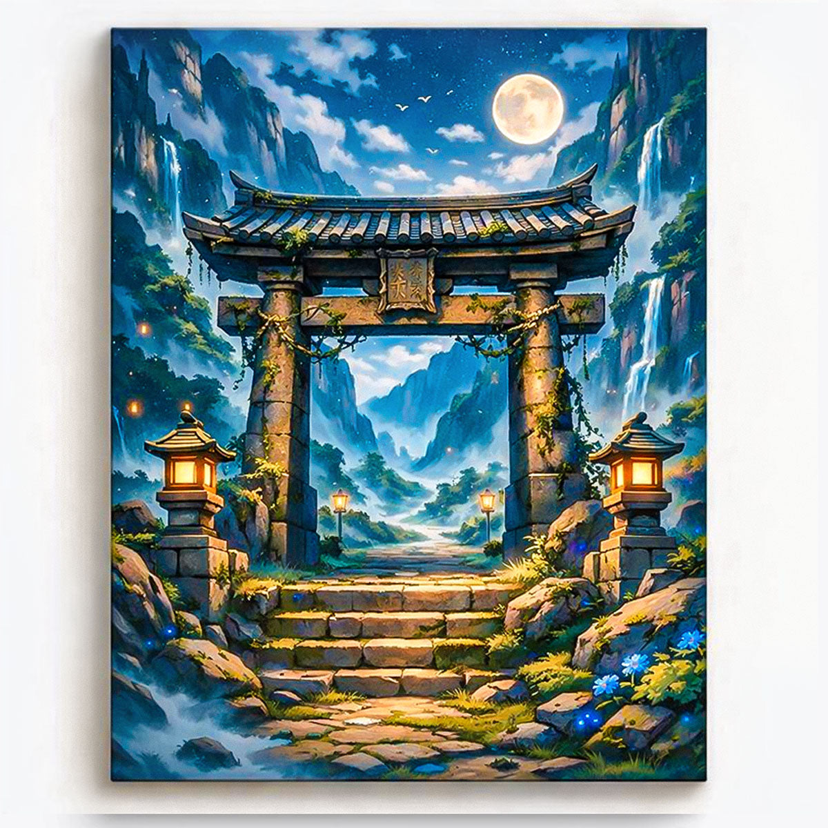 anime style mountain shrine gate with lanterns waterfalls and full moon fantasy landscape paint by numbers design