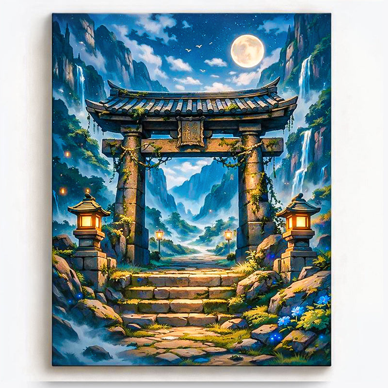 Moonlit Mountain Shrine Gate Fantasy Paint by Numbers Kit-zoom-