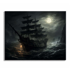 Moonlight breaks through heavy clouds above a dark sailing ship moving across rough ocean waves in a paint by numbers design.