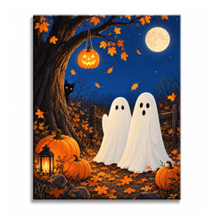Caught waving in the moonlight, two ghosts stand on a leaf-covered path while a black cat peeks from behind a maple, in a ghost paint by numbers design.