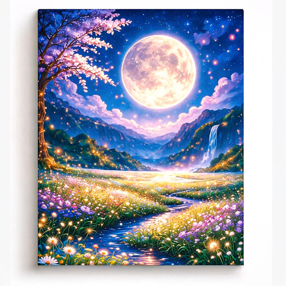 anime style moonlit valley with glowing wildflowers winding stream and waterfall under full moon fantasy landscape paint by numbers design