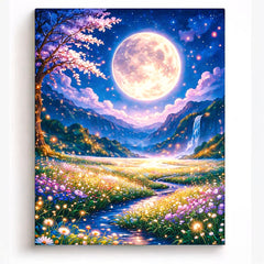 anime style moonlit valley with glowing wildflowers winding stream and waterfall under full moon fantasy landscape paint by numbers design