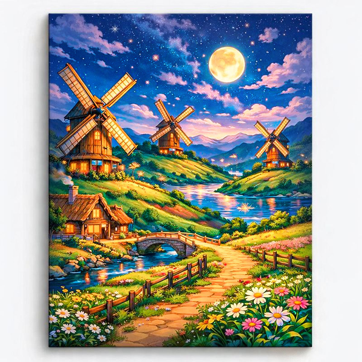 anime style moonlit windmills beside river with glowing cottage and flower meadow fantasy landscape paint by numbers design