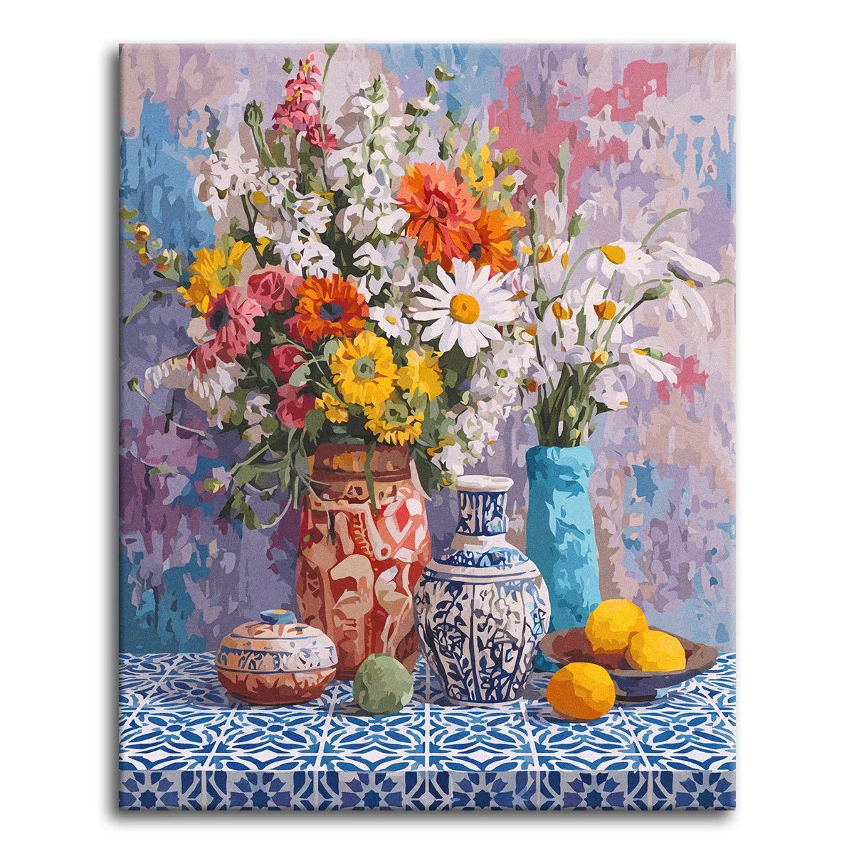 A paint by numbers still life with wildflowers in patterned vases, ceramics, and lemons on a blue Moroccan-tiled table.