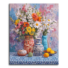 A paint by numbers still life with wildflowers in patterned vases, ceramics, and lemons on a blue Moroccan-tiled table.