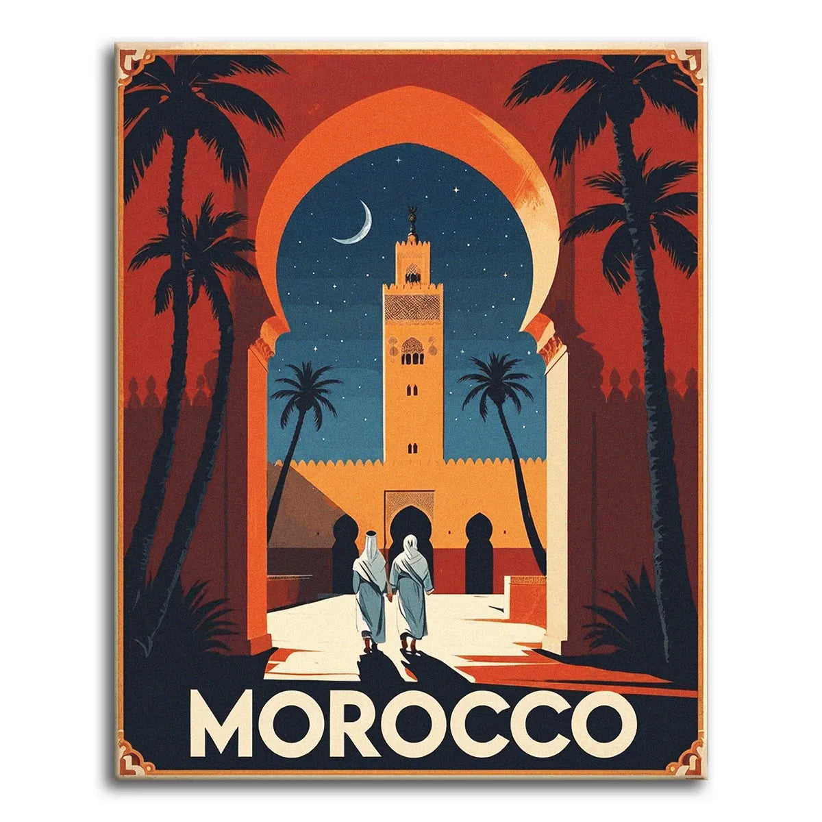 A bold Art Deco travel-poster style paint by numbers scene of a lit Moroccan minaret framed by a keyhole arch and tall palm silhouettes, with two robed figures and a crescent moon in a starry night sky.