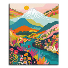 A paint by numbers folk-art scene of snow-capped Mount Fuji over rolling hills and a wildflower valley at sunrise.