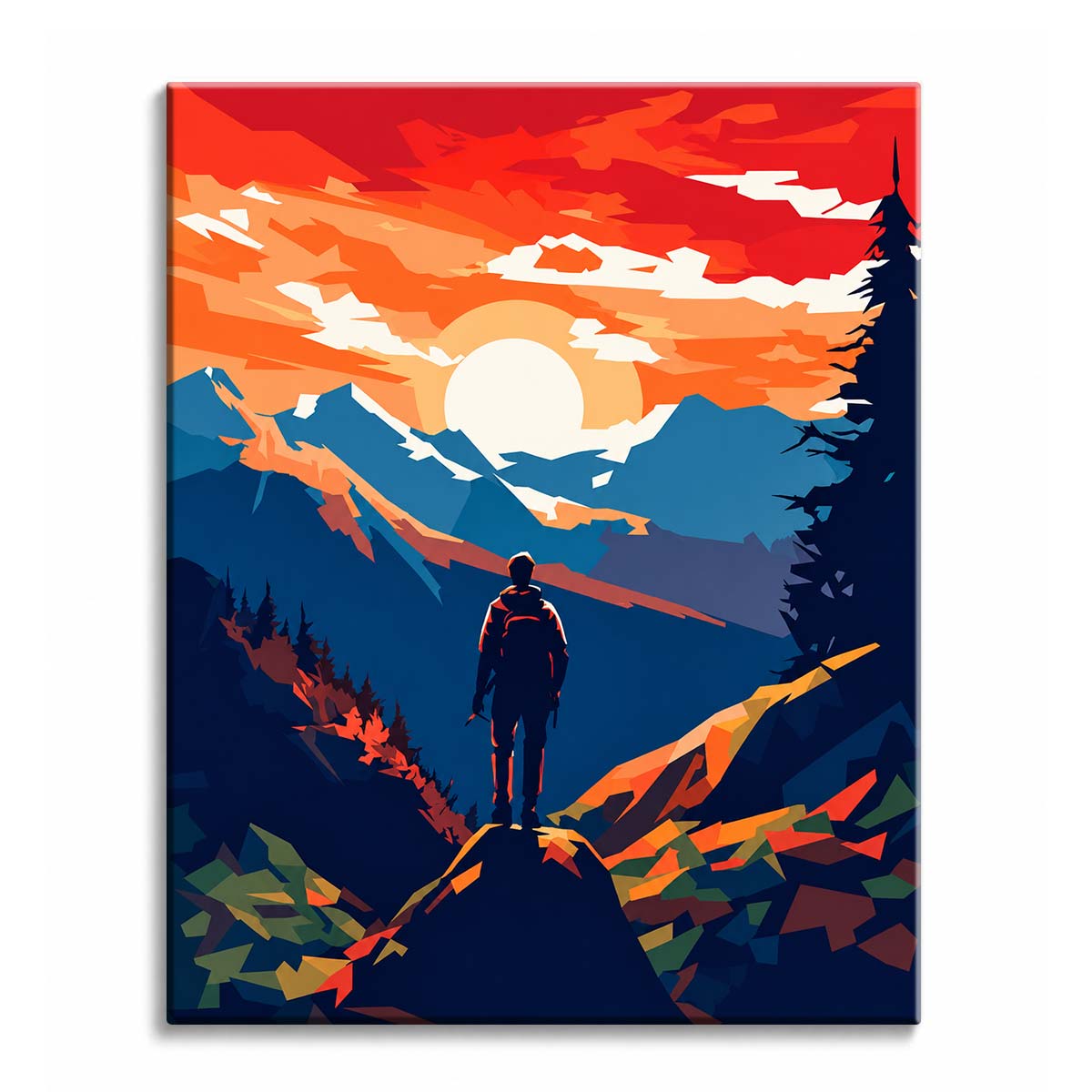 A mountain paint by numbers design showing a hiker standing on a rocky summit against a red and orange sunset sky with layered blue peaks.