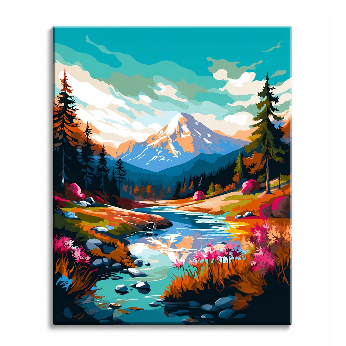 A snow-capped mountain above a turquoise stream lined with magenta wildflowers and pine forest, shown as a paint by numbers canvas.