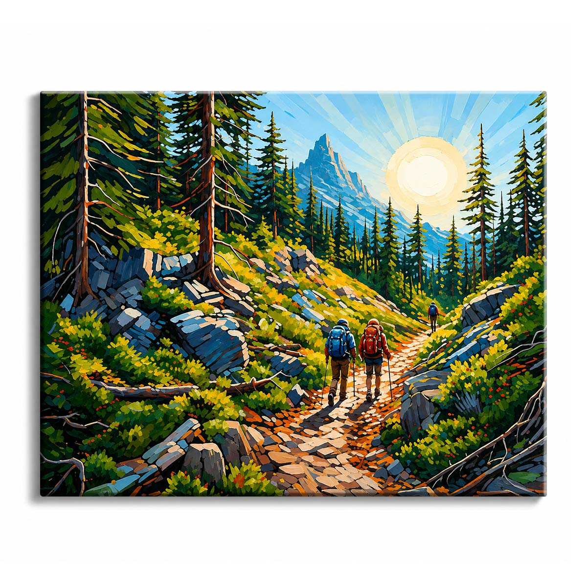 Two hikers with backpacks climb a stone path through firs toward a rocky peak, with the sun low and bright above the treeline.