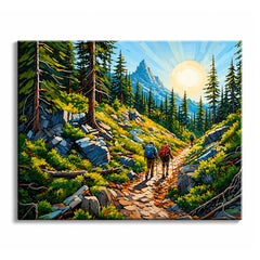 Two hikers with backpacks climb a stone path through firs toward a rocky peak, with the sun low and bright above the treeline.