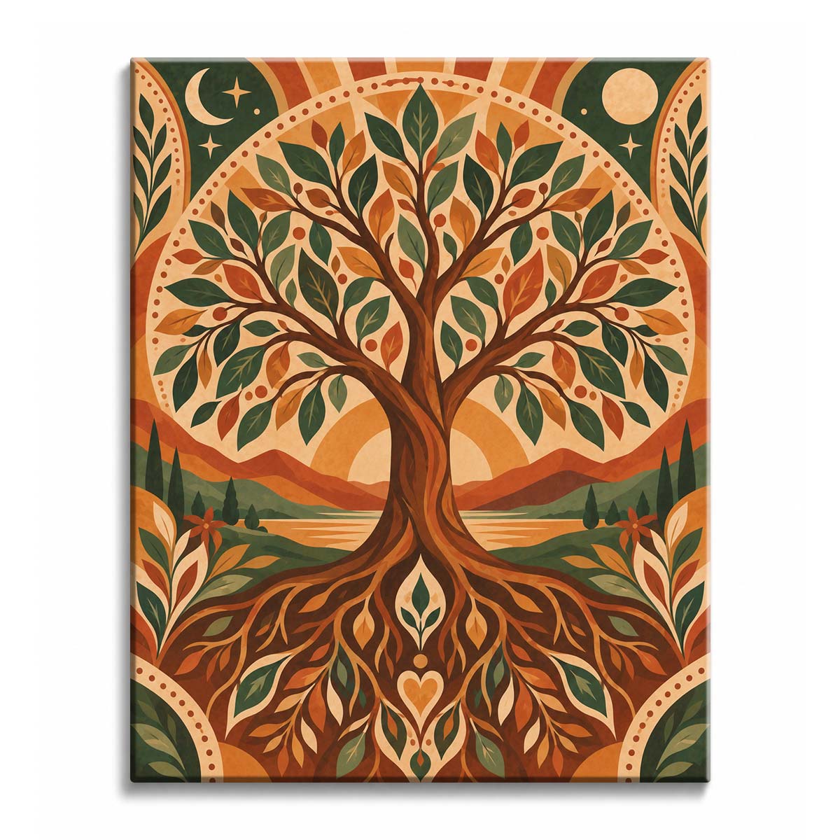 Against layered hills and water, a tree of life paint by numbers design spreads green and rust leaves above patterned roots, a sun disk, and a warm folk landscape.