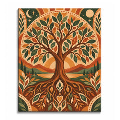 Against layered hills and water, a tree of life paint by numbers design spreads green and rust leaves above patterned roots, a sun disk, and a warm folk landscape.