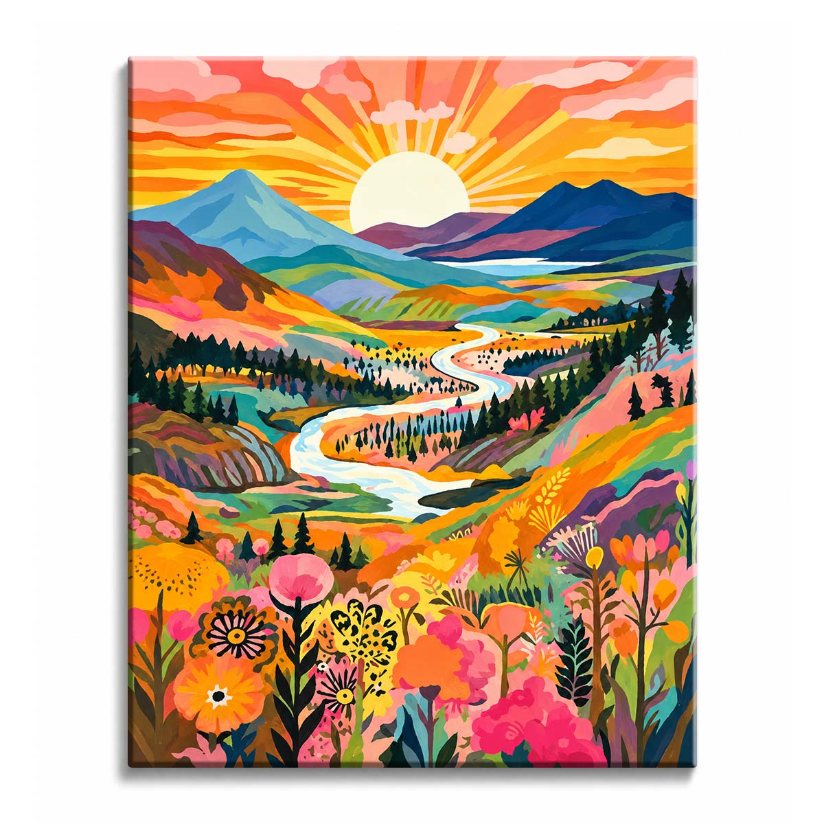 A winding river crosses a colorful mountain valley beneath a low sun, with dark pine trees and wildflowers filling the foreground in a paint by numbers design.