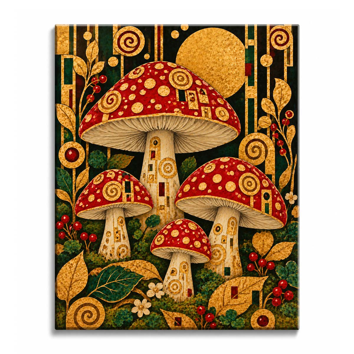 Among golden leaves and red berries, red-capped mushrooms with mosaic stems rise in a Klimt-style forest, in a paint by numbers design.