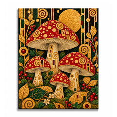 Among golden leaves and red berries, red-capped mushrooms with mosaic stems rise in a Klimt-style forest, in a paint by numbers design.
