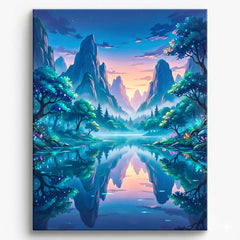 Anime-style glowing mountain valley reflected in a calm lake at twilight. A peaceful fantasy landscape with soft light, misty trees and magical reflections to paint.