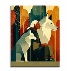 An elder in profile with two wolves against a stylized autumn forest in rust and teal, shown as a paint by numbers canvas.