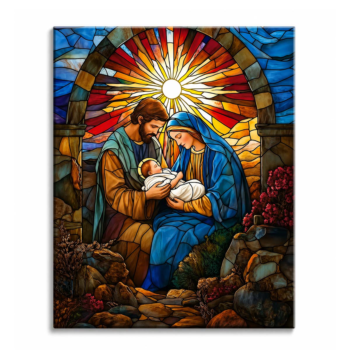 Mary and Joseph holding the infant Jesus beneath a stained glass starburst, in leaded glass style, shown as a paint by numbers canvas.