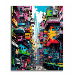 A city paint by numbers design of a narrow alleyway lined with stacked neon pink, yellow and blue buildings under a thin strip of sky.