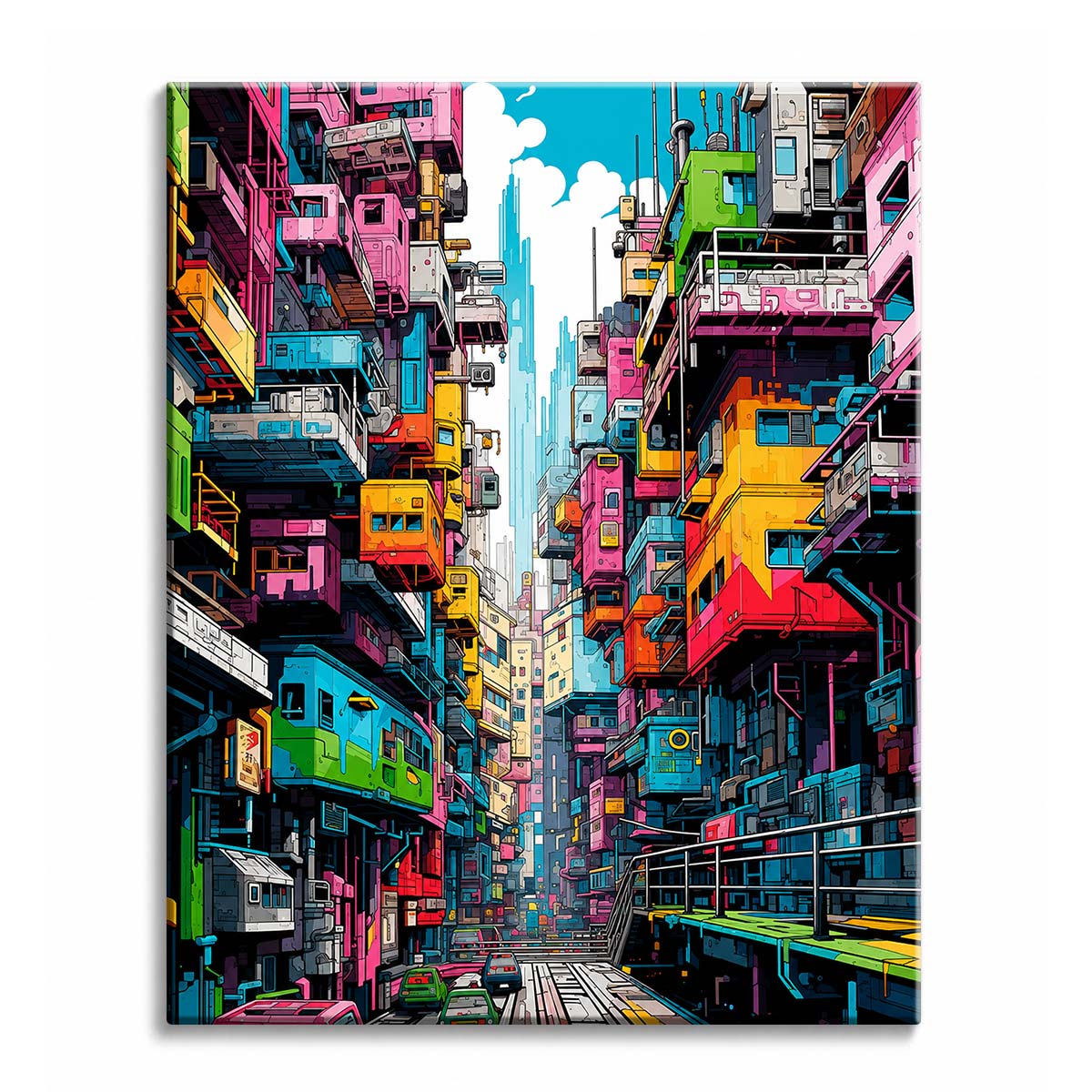 A city paint by numbers design of a narrow alleyway lined with stacked neon pink, yellow and blue buildings under a thin strip of sky.
