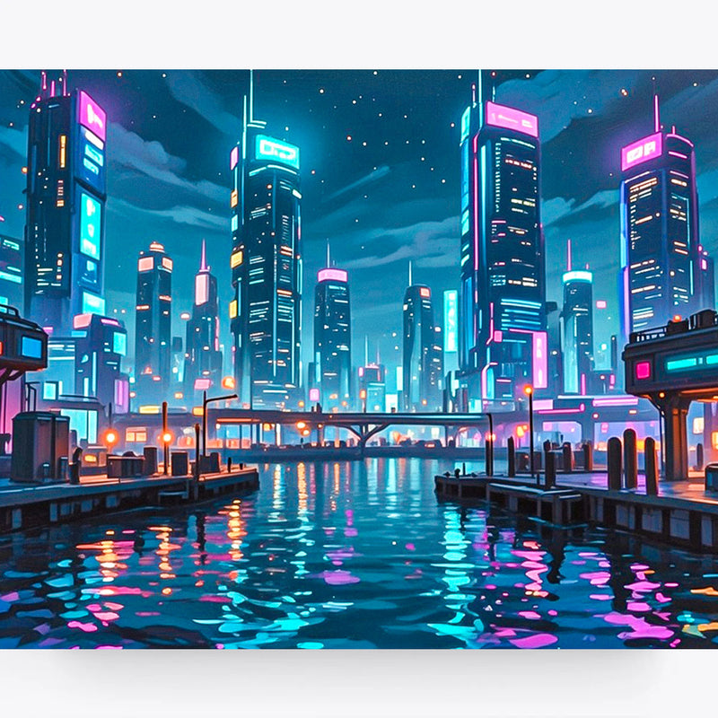 Neon Harbor Skyline Cyberpunk Paint by Numbers Kit-zoom-
