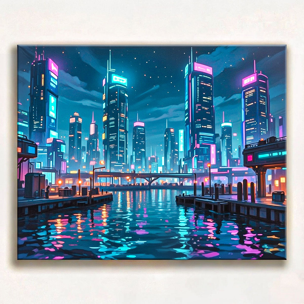 anime cyberpunk futuristic harbor skyline with neon reflections on water and glowing skyscrapers paint by numbers design
