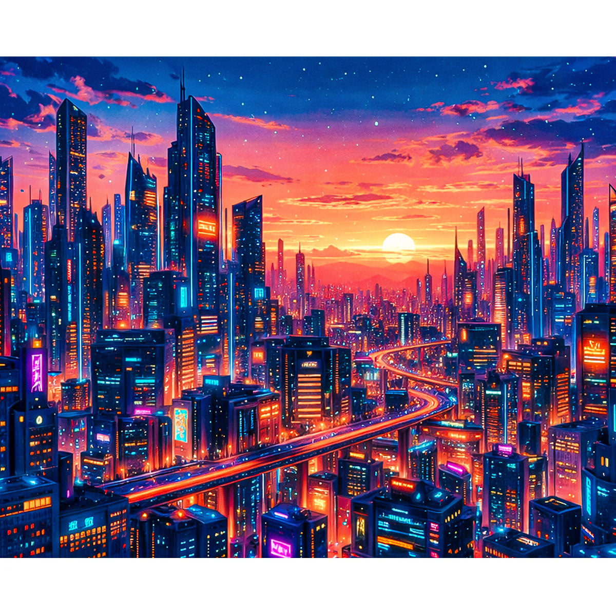 Neon Skyline Sunset Cyberpunk City Paint by Numbers Kit