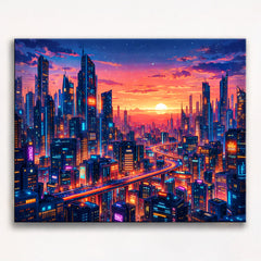 anime cyberpunk futuristic skyline at sunset with glowing elevated highway and neon skyscrapers paint by numbers design