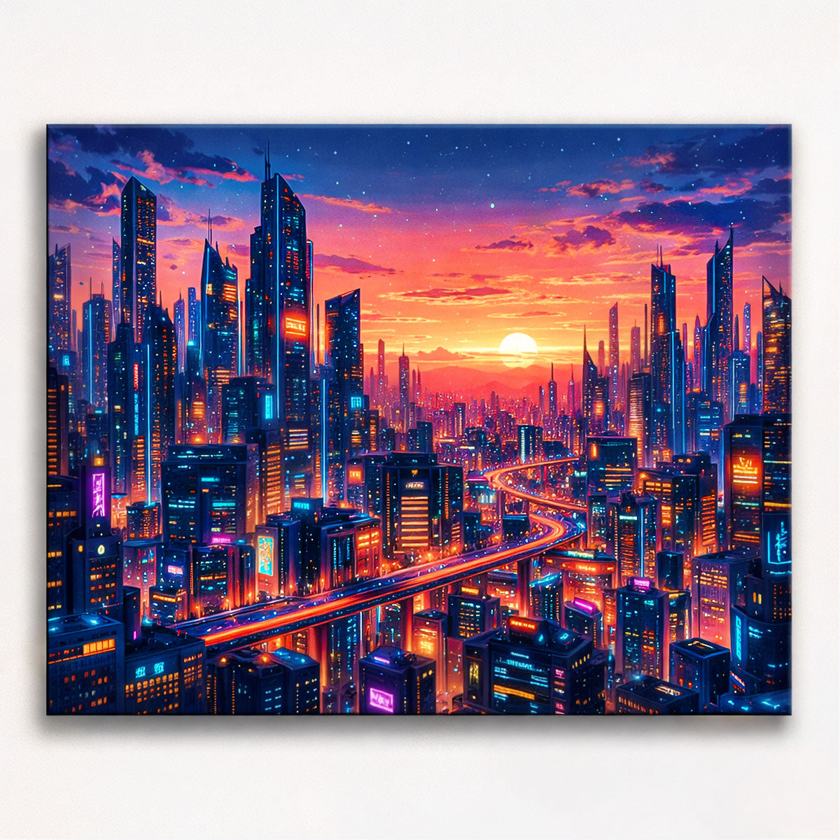 anime cyberpunk futuristic skyline at sunset with glowing elevated highway and neon skyscrapers paint by numbers design