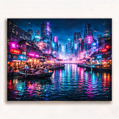 anime cyberpunk neon canal city with boats and glowing skyline reflections on water paint by numbers design