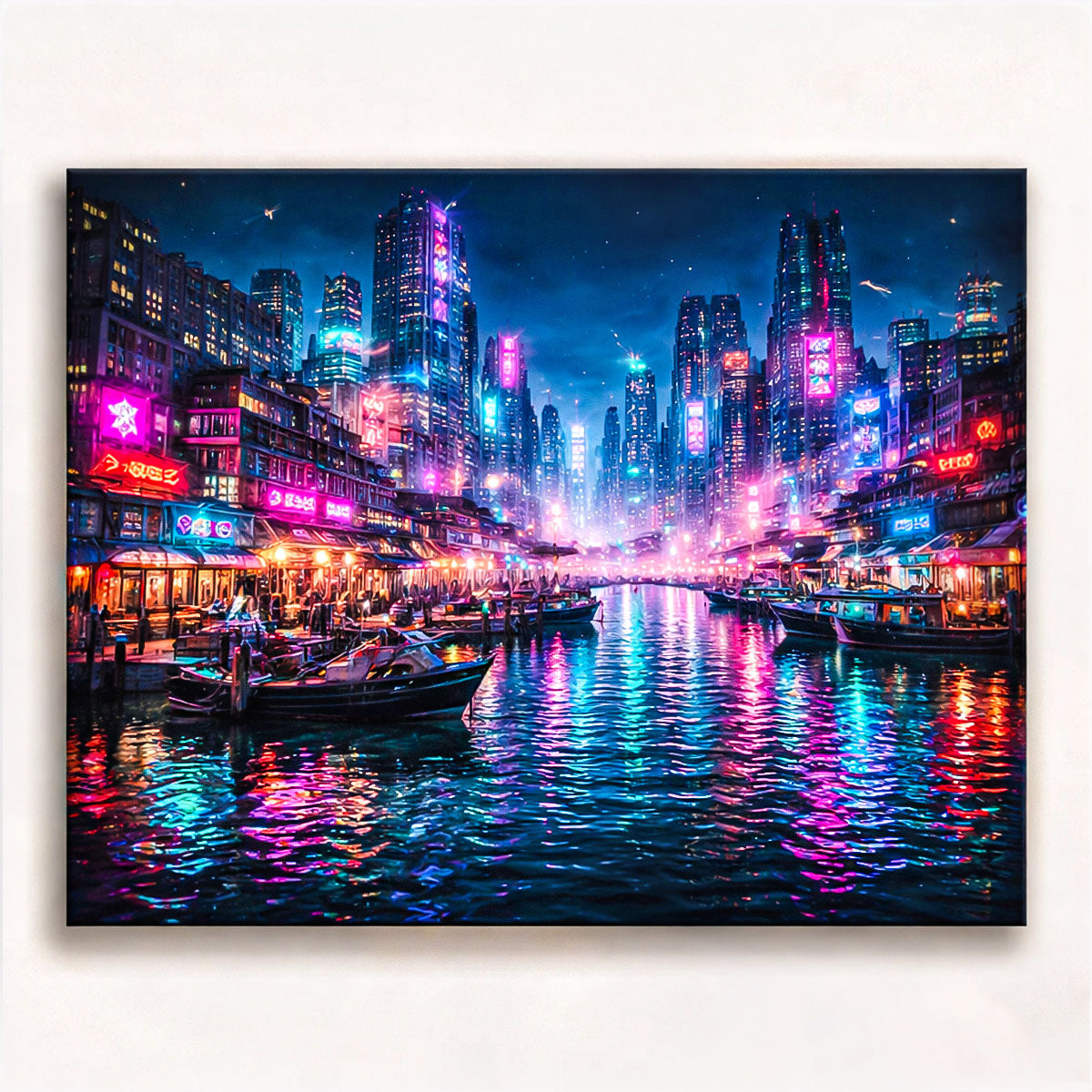 anime cyberpunk neon canal city with boats and glowing skyline reflections on water paint by numbers design