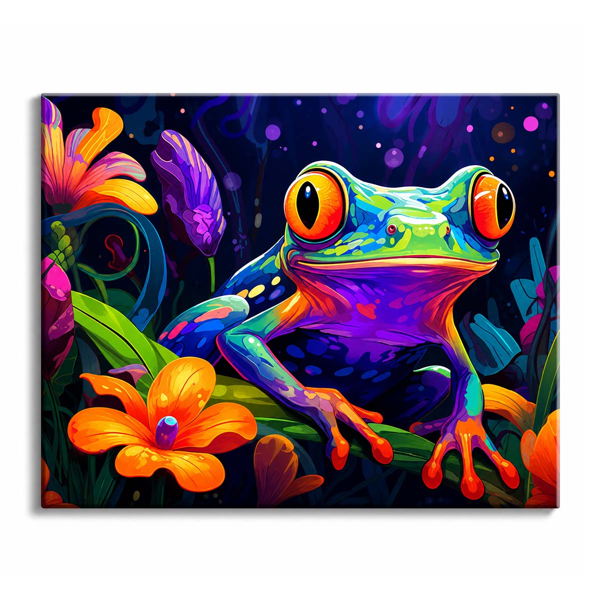 A neon frog design showing a wide-eyed green, blue, purple, and orange frog surrounded by vivid tropical flowers against a dark background.