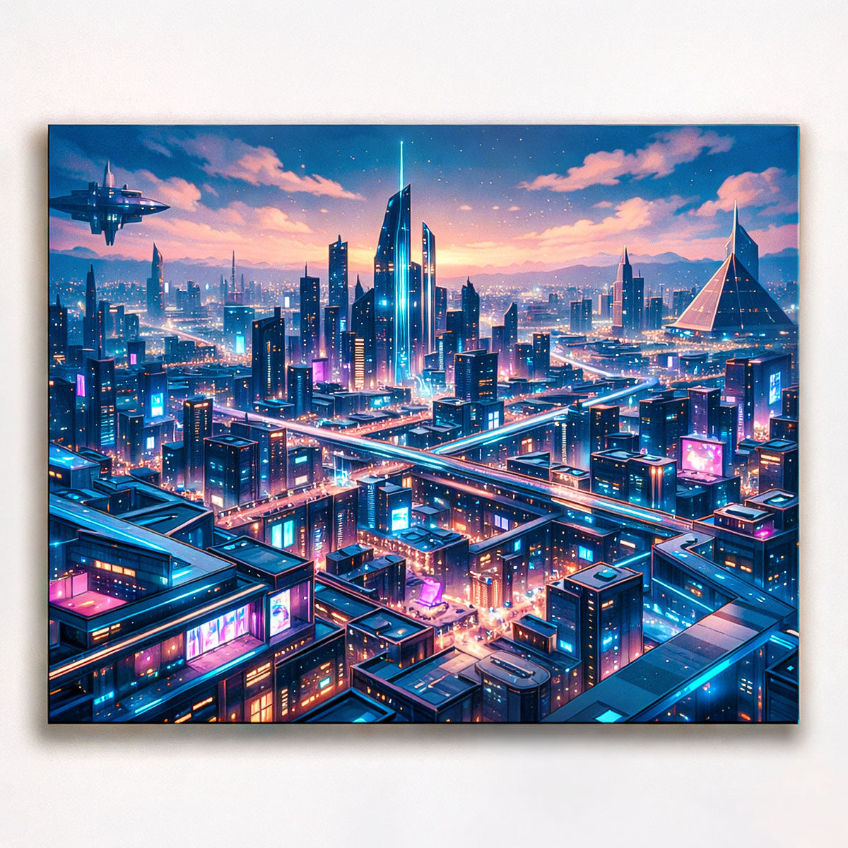 anime cyberpunk futuristic skyline with elevated highways glowing skyscrapers and flying vehicle at sunset paint by numbers design