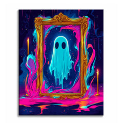 A pale blue ghost floating inside an ornate gold frame with hot pink and cyan swirls around it, shown as a paint by numbers canvas.
