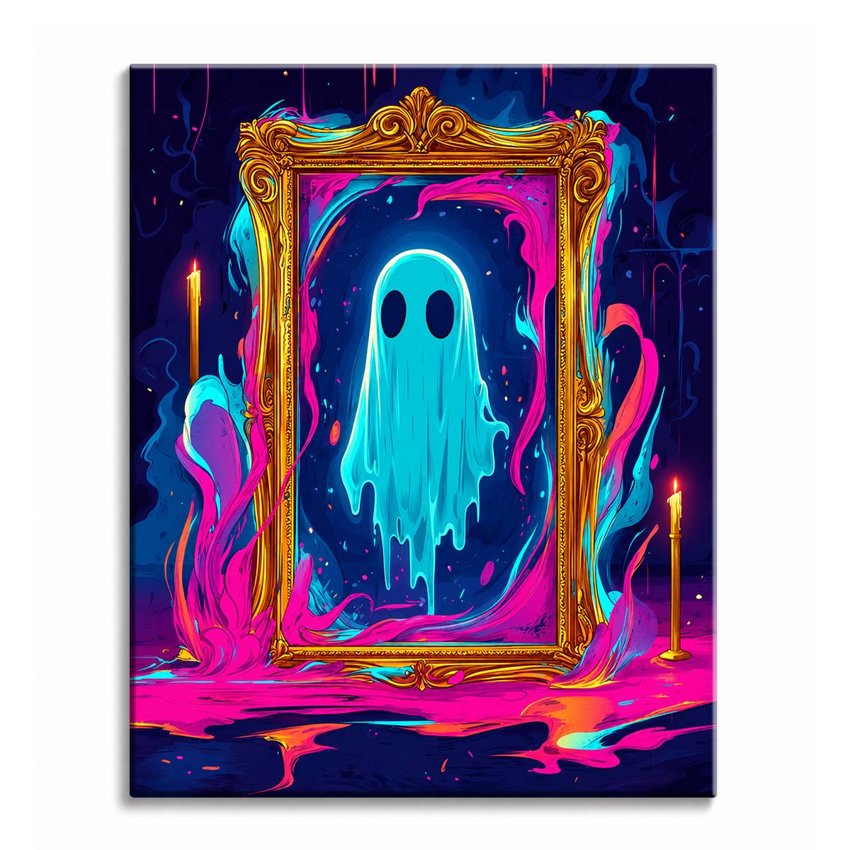 A pale blue ghost floating inside an ornate gold frame with hot pink and cyan swirls around it, shown as a paint by numbers canvas.