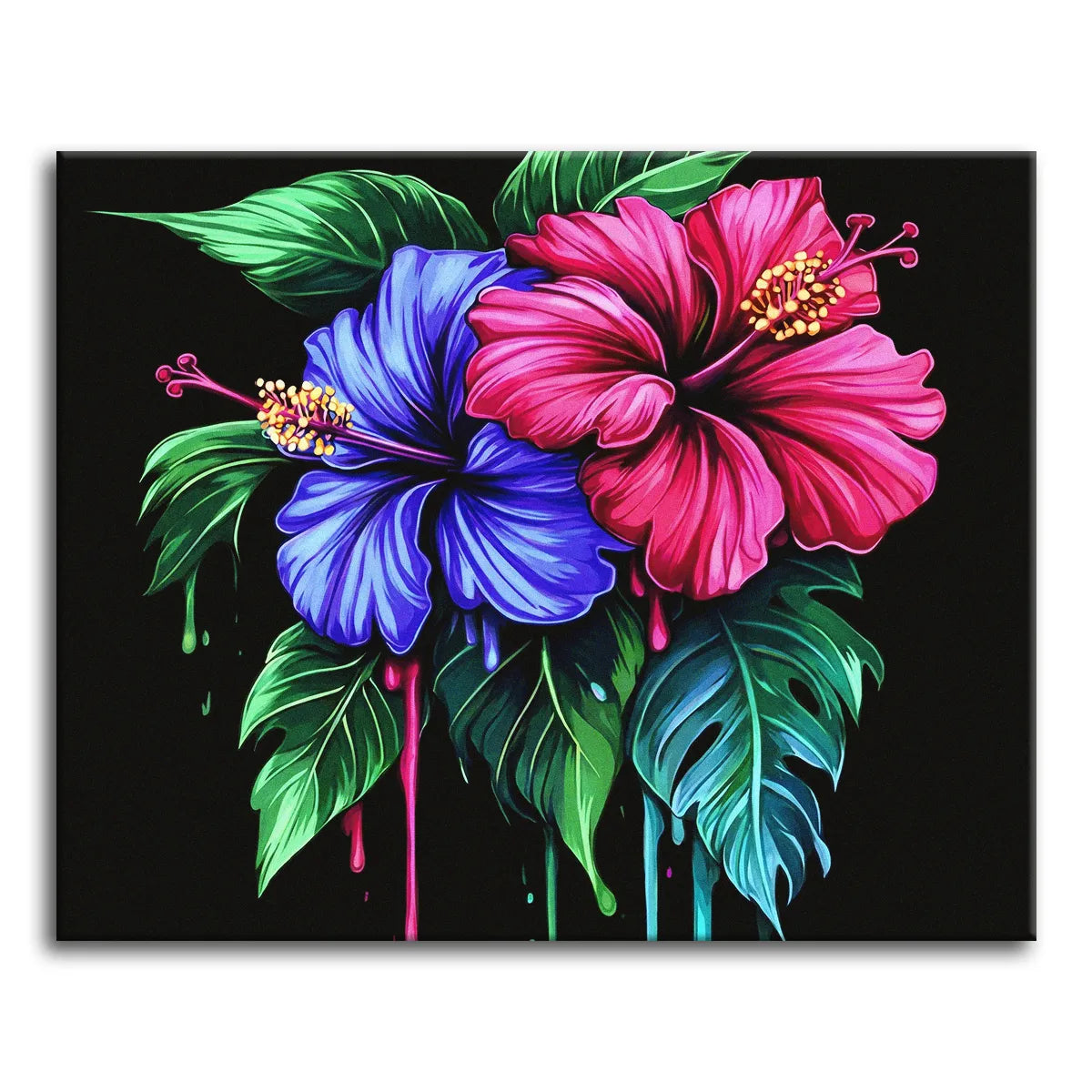 Two large hibiscus flowers in neon blue and pink with dripping paint detail against a black background, shown as a paint by numbers canvas.