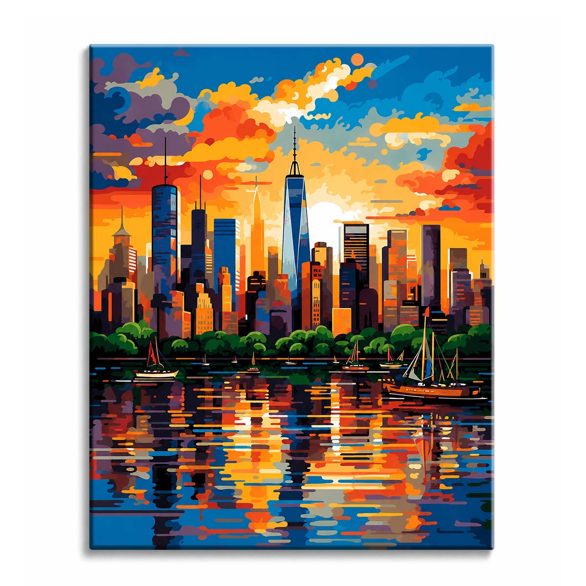A New York skyline paint by numbers design with bright orange sunset clouds behind the city towers and sailboats on the reflecting water below.