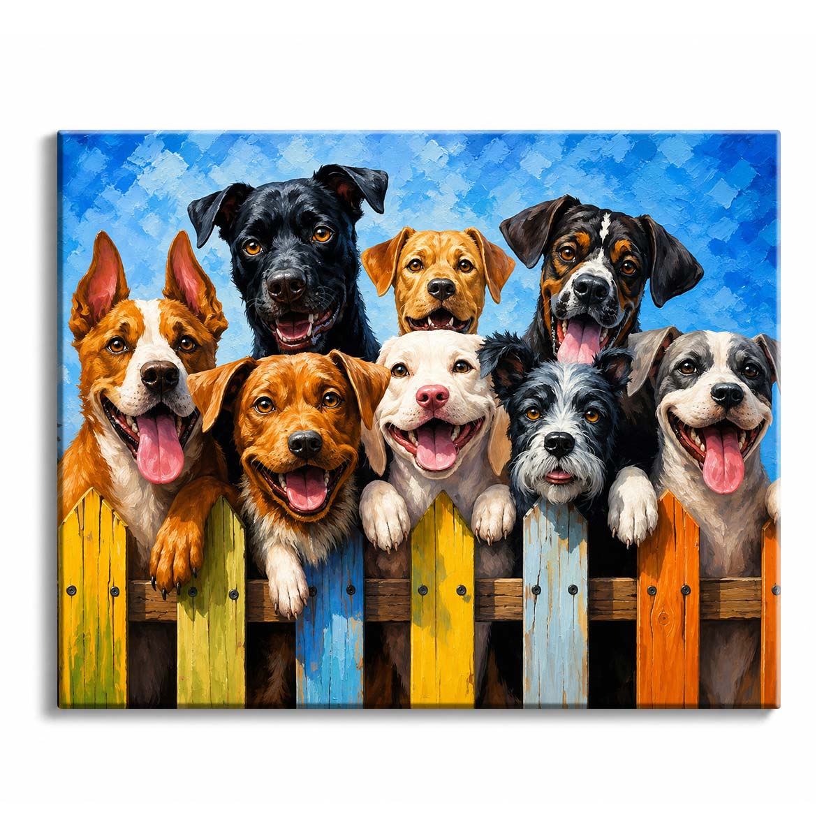 A dog paint by numbers design of nine happy dogs leaning over a brightly painted wooden fence against a blue sky.