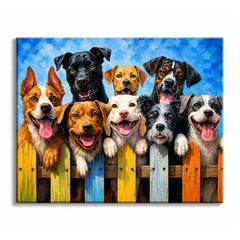 A dog paint by numbers design of nine happy dogs leaning over a brightly painted wooden fence against a blue sky.