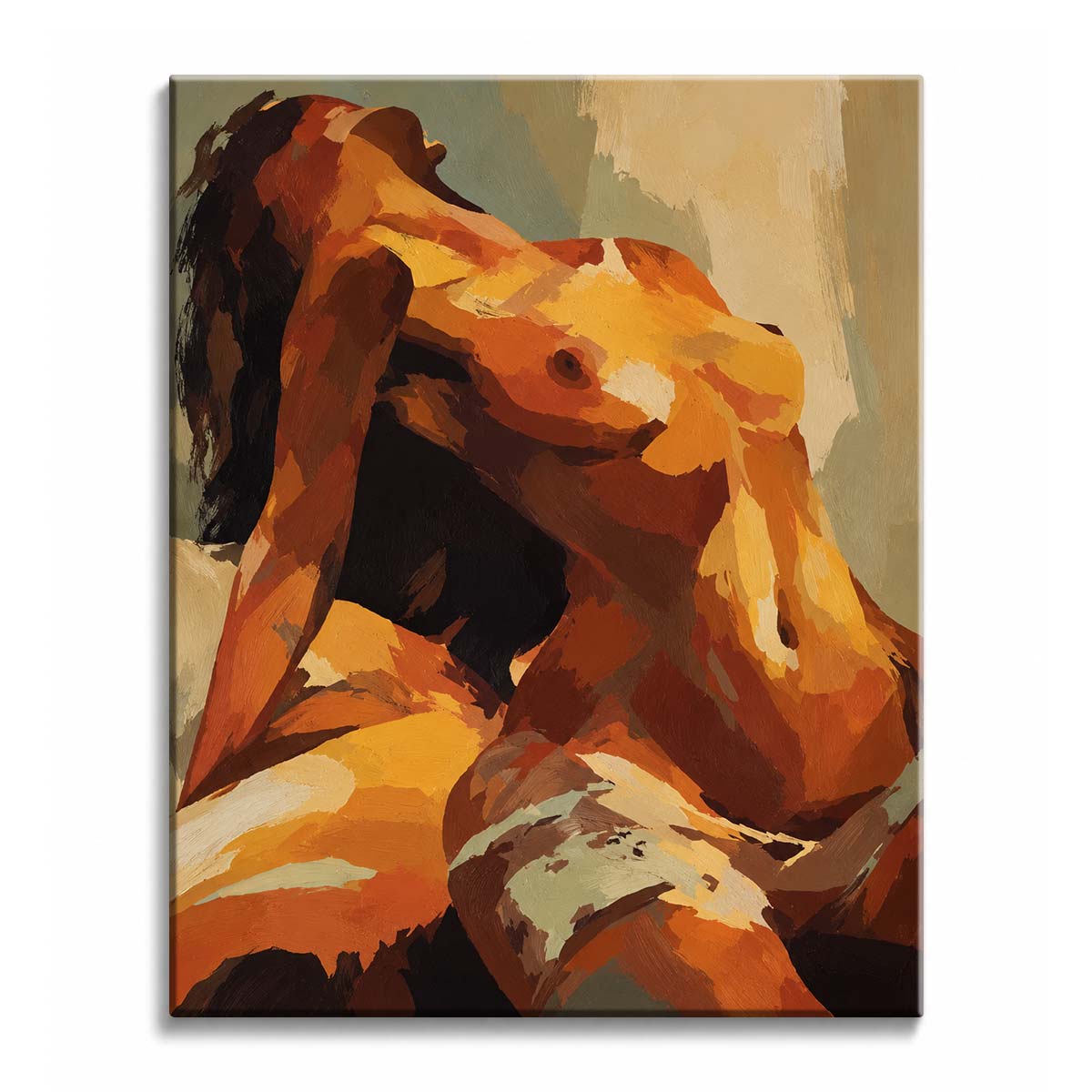 Against a muted green and cream background, a reclining nude woman paint by numbers design shows an arched figure with black drapery and warm ochre shadows.