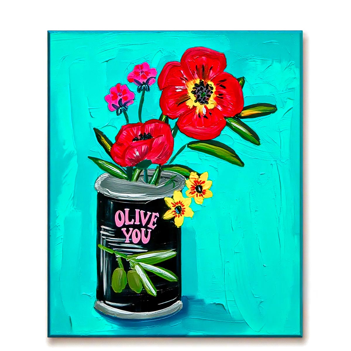 Bold red and yellow flowers in an olive can on teal background paint by numbers design