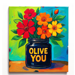 Vivid red orange and yellow flowers in a dark jar paint by numbers design