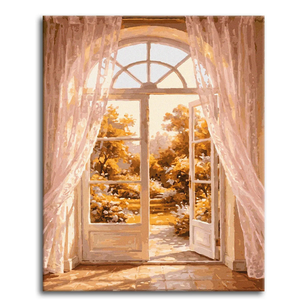 A dreamy paint by numbers scene of open arched French doors with sheer curtains drawn aside, opening onto a sunlit golden garden, with warm amber light falling across a tiled floor.