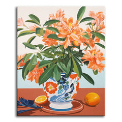 A paint by numbers still life of coral-orange azaleas in a blue-and-white patterned vase with two oranges on a rust tabletop.
