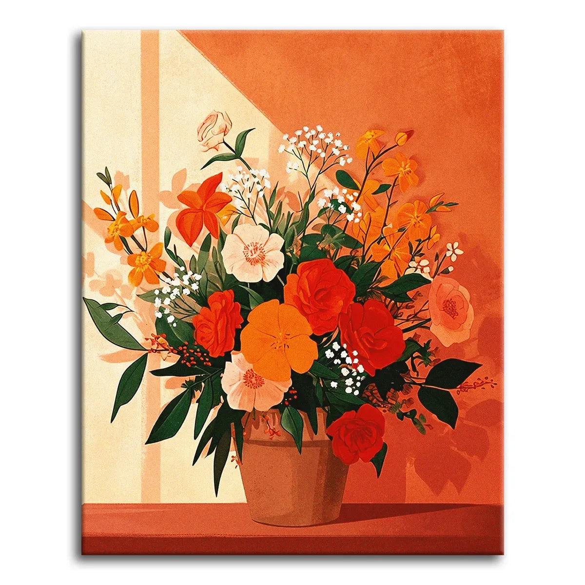 A warm bouquet of orange, coral, and red flowers in a stone pot lit by sunlight against a terracotta wall, shown as a paint by numbers canvas.