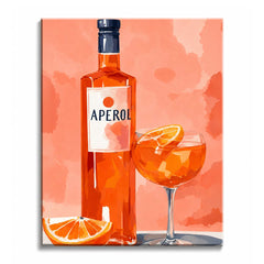 An orange spritz paint by numbers design showing a bottle, a stemmed glass with an orange slice and a second slice on the table.